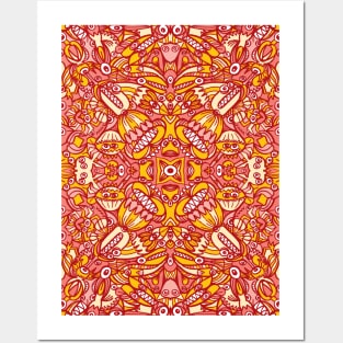 Red and yellow pattern design full of weird fantastic creatures Posters and Art